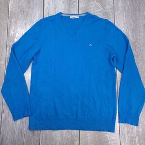 J.Lindeberg V-Neck Sweater Mens M Blue Lymann True Merino Knit Pullover